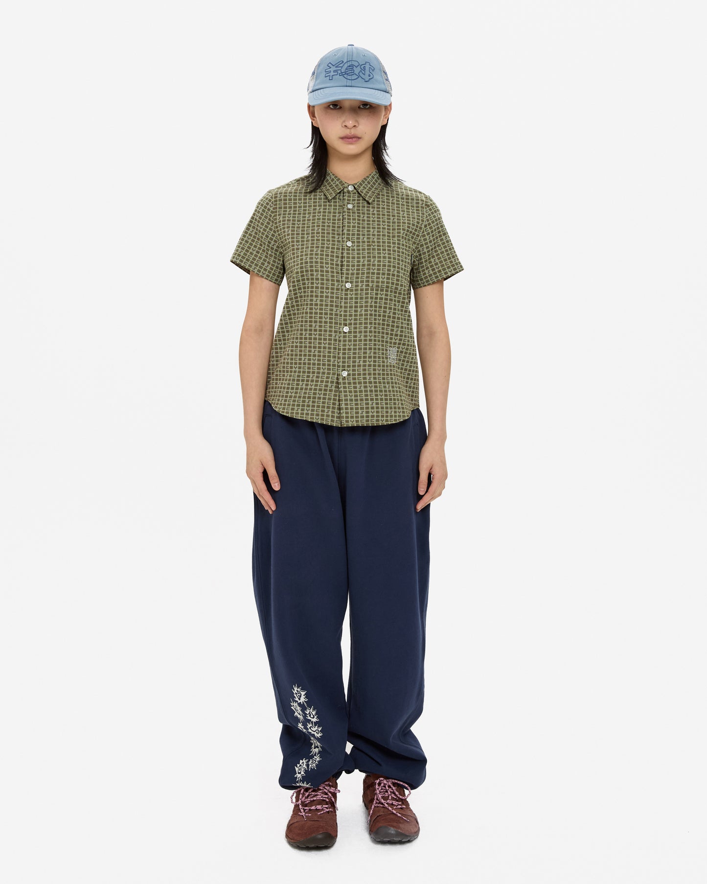 Y.E.S Font Plaid Half Shirt